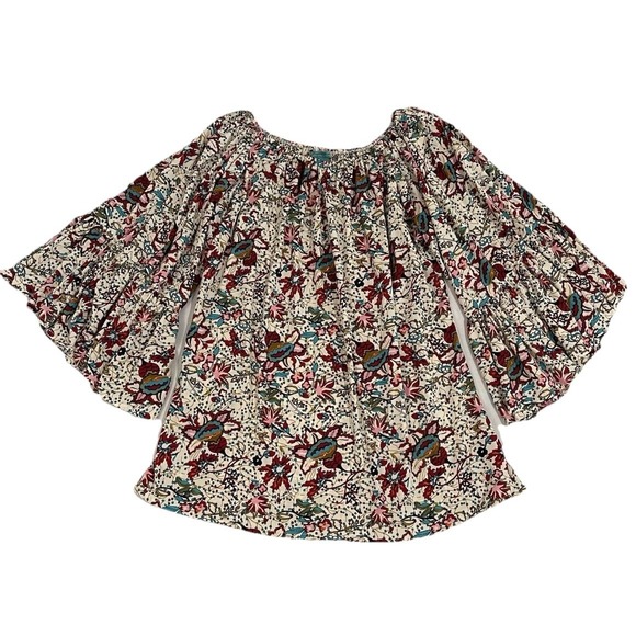 Turquoise Haven Tan Floral Print Tunic Blouse Bell Sleeve Size L Style Your Life - Picture 9 of 10